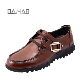 立马精品时尚机车金属扣绑带系带休闲宽脚鞋 骆驼纹头层牛皮柔软