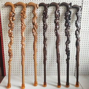鸡翅木拐杖仿根雕拐棍黑檀木手杖整木一体实木老年人专用防滑拐棍