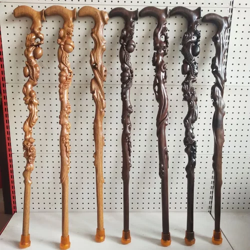 鸡翅木拐杖仿根雕拐棍黑檀木手杖整木一体实木老年人专用防滑拐棍