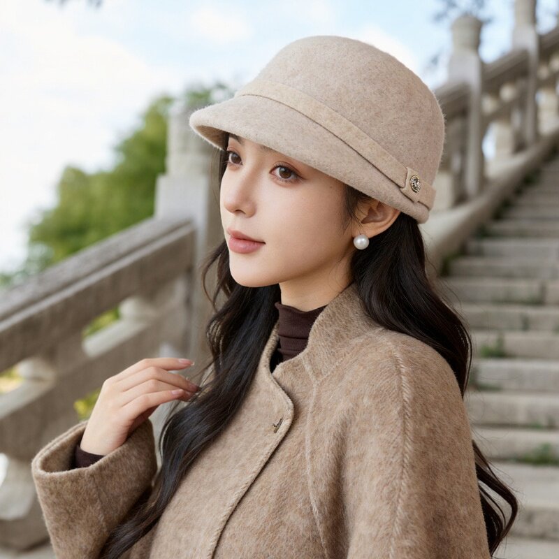 法式休闲百搭优雅马术帽女款复古百搭盆帽保暖时尚羊毛呢显脸小帽