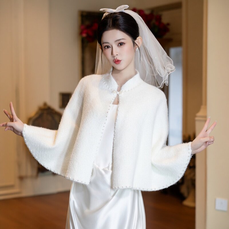 新娘婚纱礼服毛披肩新春秋冬季订婚旗袍外套斗篷珍珠水貂毛外搭
