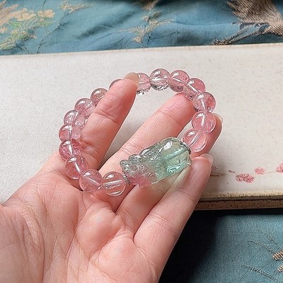 西瓜碧玺貔貅配圆珠手串手链