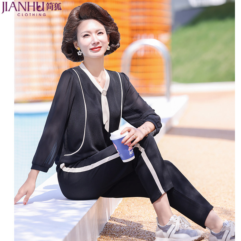妈妈夏装时尚七分袖套装中年妇女雪纺洋气上衣中老年运动两件套装