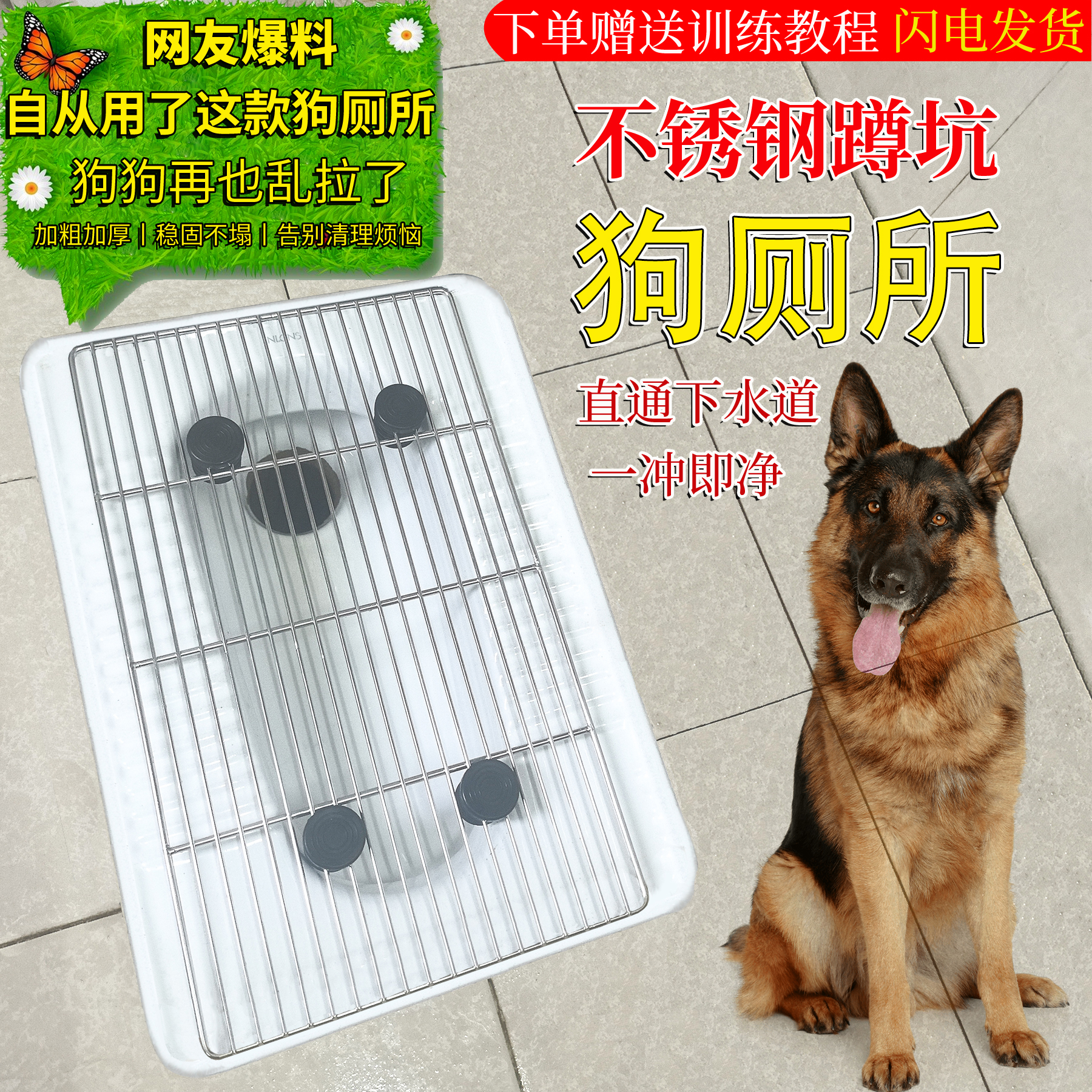 狗狗蹲坑厕所不锈钢加厚网架大型犬直排下水道专用定点屎便盆神器
