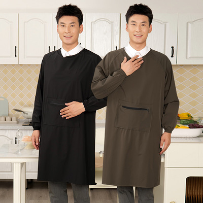 长轴秀防脏活拉链兜围群照衣男士反穿罩衣长袖厨房家用围裙防水油