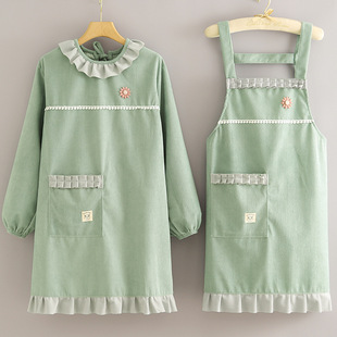 围裙防污耐脏罩衣女入照衣 淡绿绿可爱花边领网红厨房家用条绒长袖