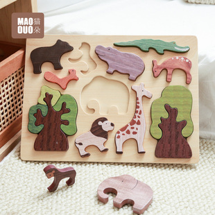 木质动物拼图孩儿童森林动物认知益智玩具宝宝手眼协调启蒙立体QX