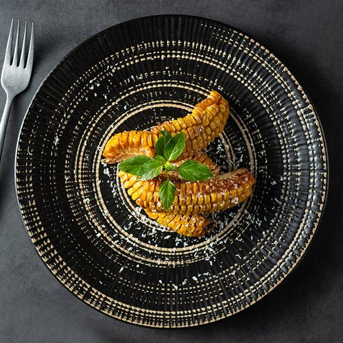 网红款日式条纹浅盘陶瓷餐具黑色高级专用平盘牛排盘西餐餐具碟盘