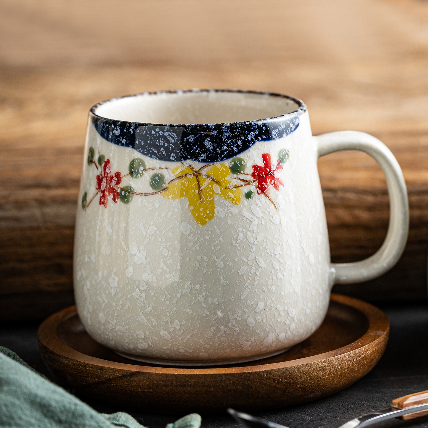 日式个性马克杯陶瓷杯带勺家用釉下彩办公室水杯咖啡杯泡茶茶水杯