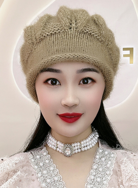 手工松鼠绒八角帽秋冬保暖遮白发贝蕾帽针织毛线帽2025新款帽子女