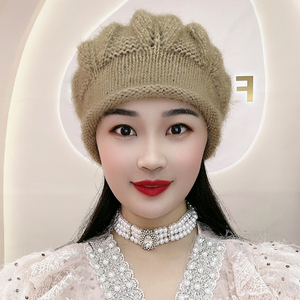 手工松鼠绒八角帽秋冬保暖遮白发贝蕾帽针织毛线帽2023新款帽子女