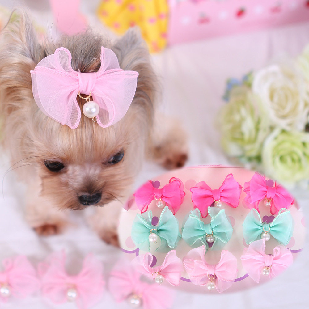 【MKO 迈蔻】泰迪约克夏宠物狗狗雪纱珍珠发夹饰品蝴蝶结头饰