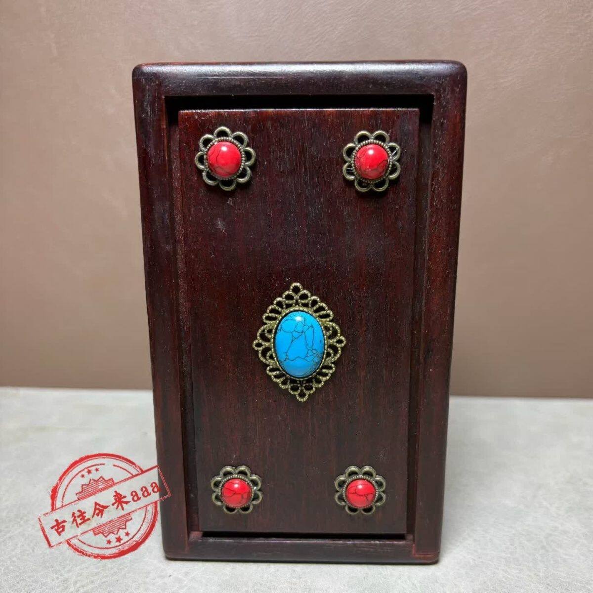 老式花梨木宝石机关盒鲁班盒饰品盒仿古镶嵌宝石收纳盒14x8.5x6cm