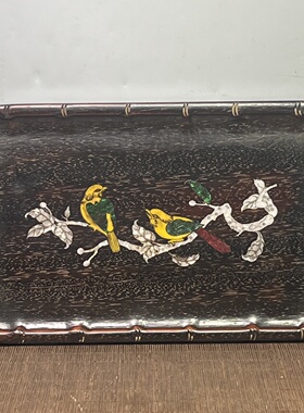 旧藏仿古檀木镶贝喜鹊登梅雕刻茶盘家用收纳果盘摆件29*19*3厘米