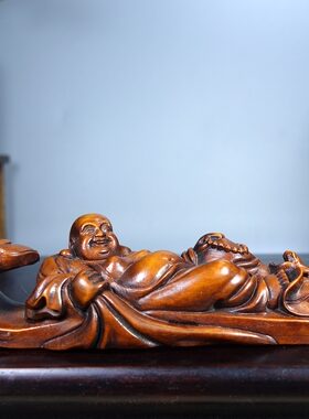 老式黄杨木雕弥勒佛如意手把件笔架文房仿古文玩桌面摆件10*2*2CM