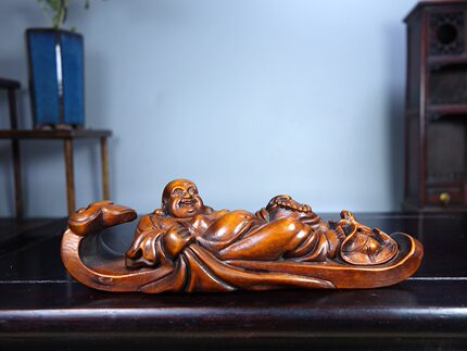 老式黄杨木雕弥勒佛如意手把件笔架文房仿古文玩桌面摆件10*2*2CM