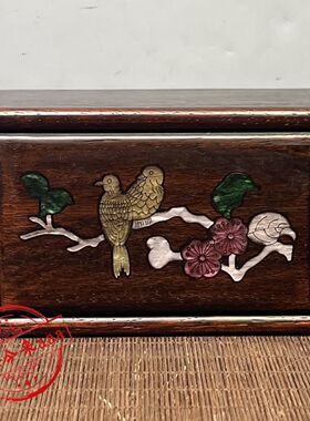 老式花梨木盒首饰盒螺钿镶嵌彩贝木盒子仿古花鸟推拉抽拉盒收纳盒