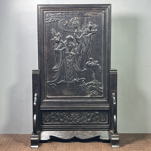 仿古黑檀木雕老寿星屏风插屏复古风古玩杂件收藏摆件34×17×55cm