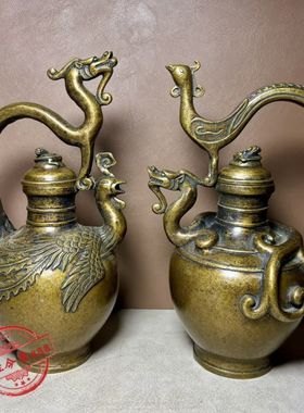 仿古老式纯铜龙壶龙凤手柄壶铜酒壶茶壶特色工艺品摆件藏族怀旧壶