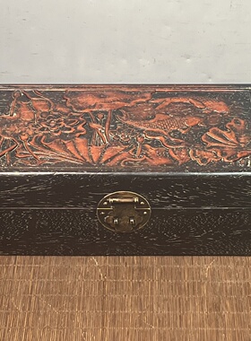 老式仿古檀木荷花鱼木雕收纳盒复古做旧首饰盒收藏摆件28*15*10cm