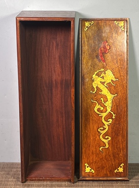 仿古花梨木镶贝壳画盒收纳盒龙行天下实木雕刻长盒约44*14*13cm
