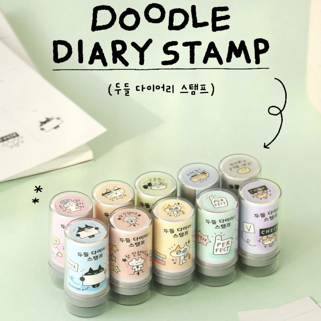 韩国正品iconic 猫咪黑白涂鸦日记装饰图章印章手帐图案印戳盖章