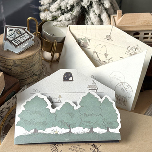 韩国正品mewmewbeam复古折叠明信片留言写信卡片信封套装postcard