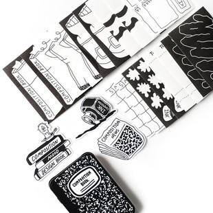韩国正品composition 手帐黑白涂鸦装饰贴纸收纳铁盒套装tin case