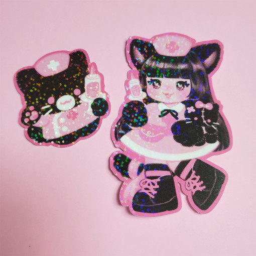 韩国正品seolkee illust 粉色少女装饰贴纸手帐日记伴侣nurse cat