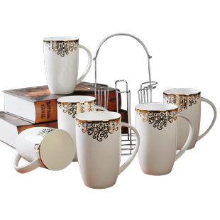 六个装简约家用杯子陶瓷套装骨瓷水杯组合带把马克杯咖啡杯喝茶杯