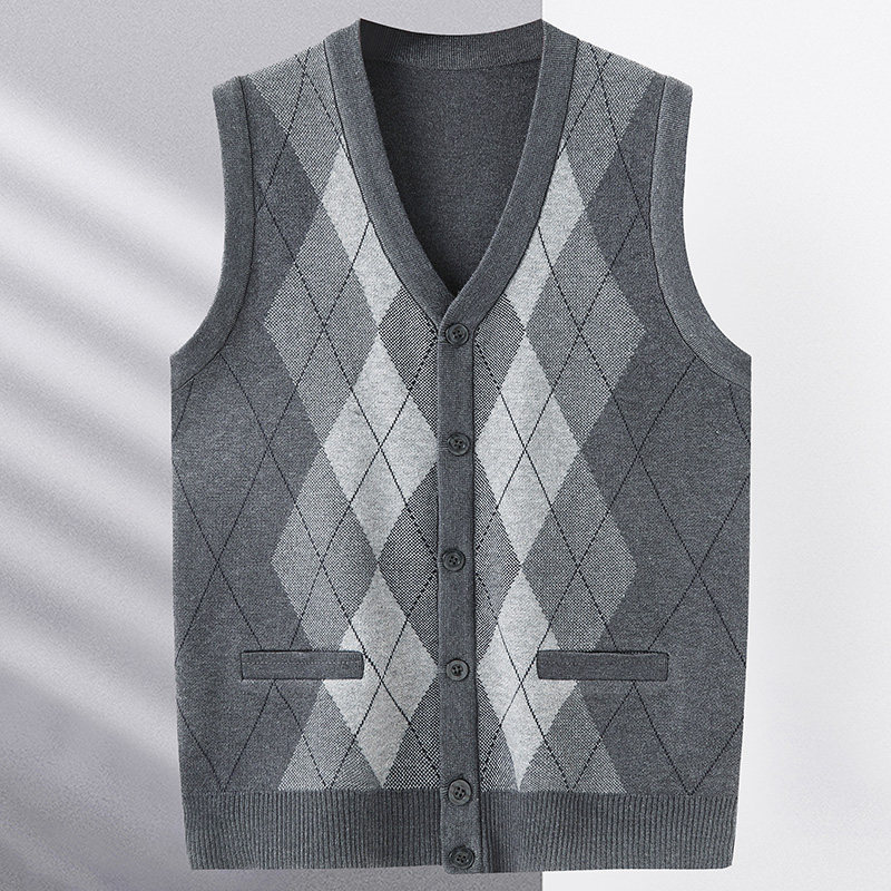 아빠 양모 조끼 남자 조끼 민소매 스웨터 중노년 가을 겨울 버튼 다운 가디건 스웨터