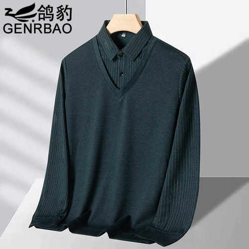 鸽豹长袖爸爸装薄款假两件T恤