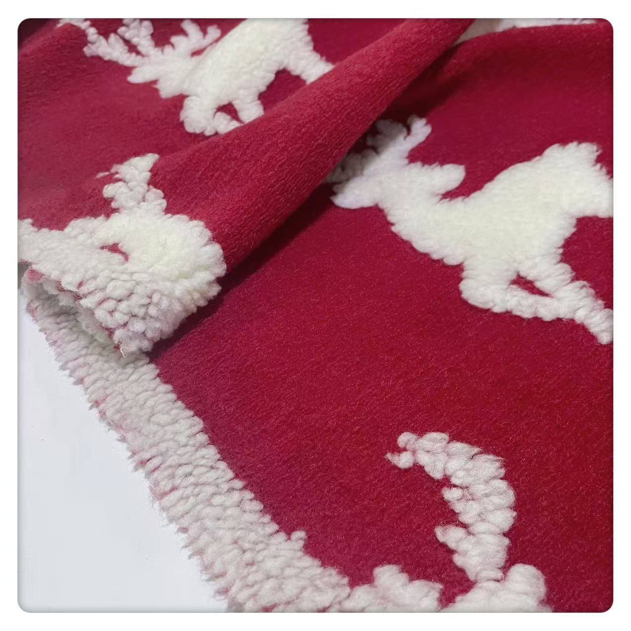 立体圣诞红米白色麋鹿针织提花仿羊毛呢羊羔绒毯子外套手工面料