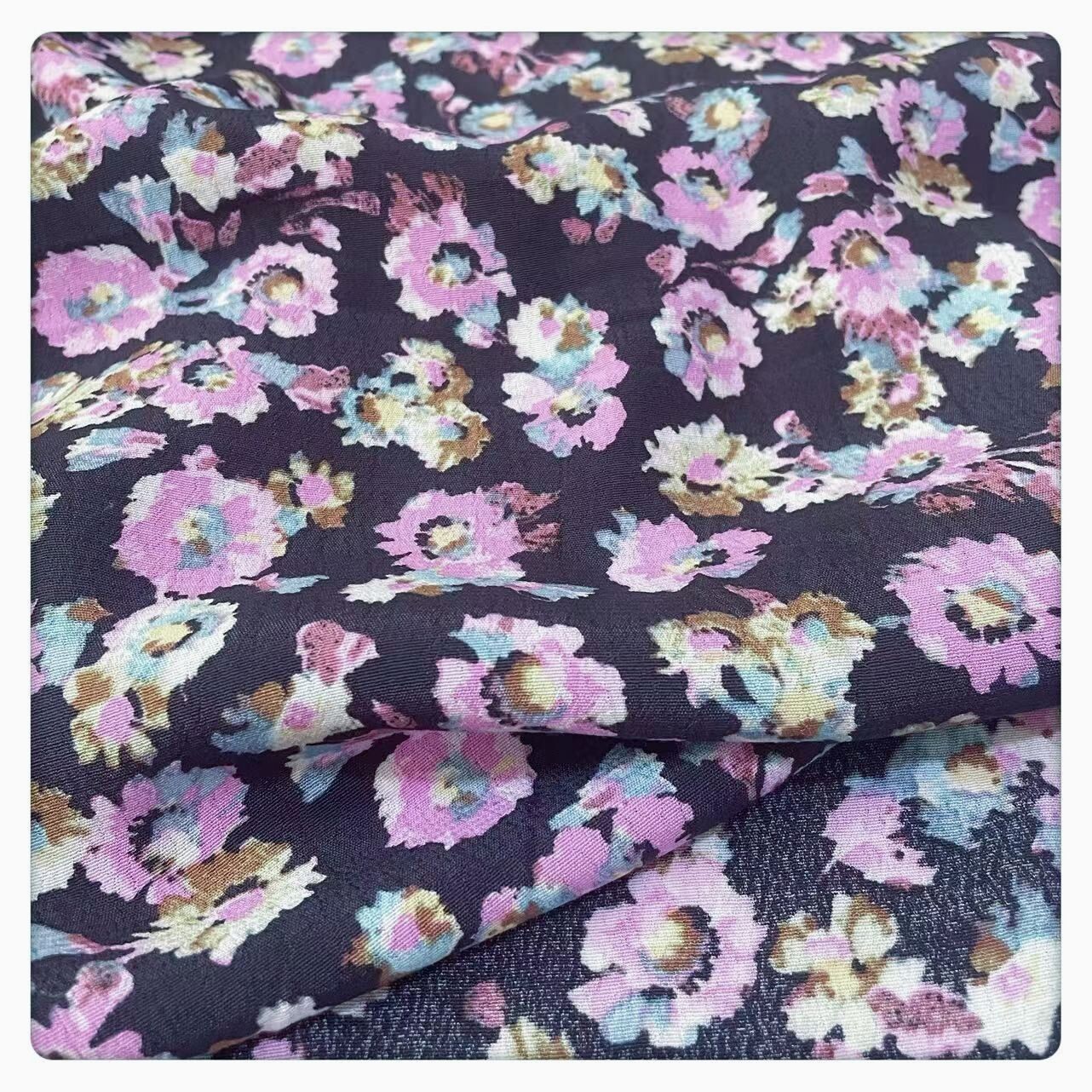 柔软透气 黑底粉紫碎花植物纤维纯棉双绉旗袍连衣裙衬衣天然布料