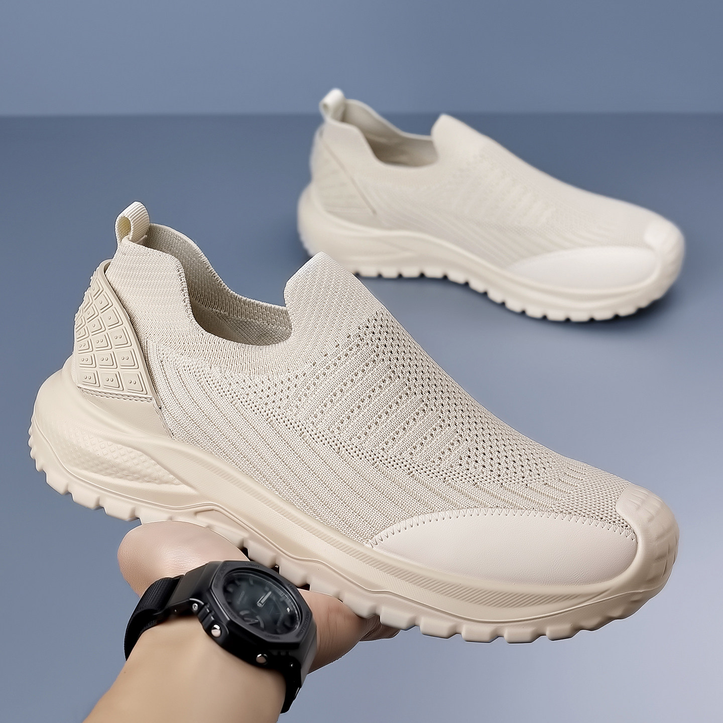 老北京布鞋男款2026年新款春季透气飞织网面鞋运动休闲懒人跑步鞋