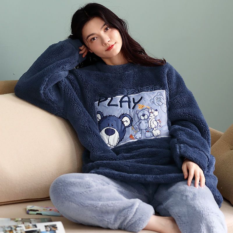 朵婷睡衣女秋冬季珊瑚绒长袖家居服长款法兰绒加厚加绒可外穿套装