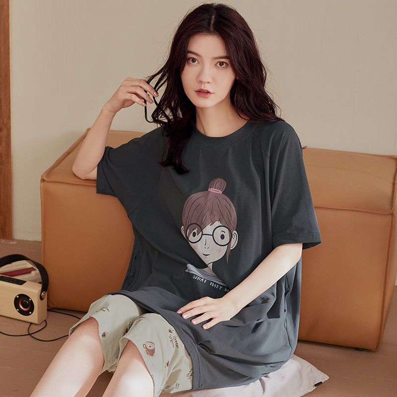 朵婷睡衣女夏季纯棉短袖七分裤家居服长款卡通居家服薄款两件套装