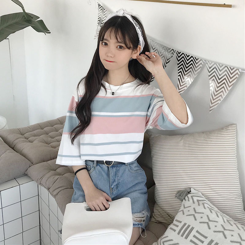 2018夏季新款女装韩版宽松彩色少女小清新条纹短袖T恤上衣小清新