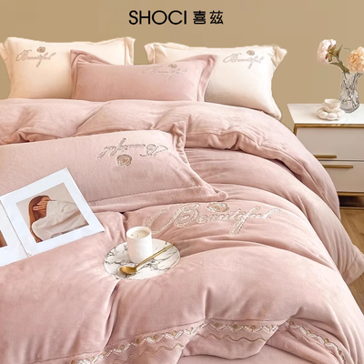 喜兹新款牛奶绒四件套加厚珊瑚绒冬季法兰绒刺绣轻奢高级感床笠款