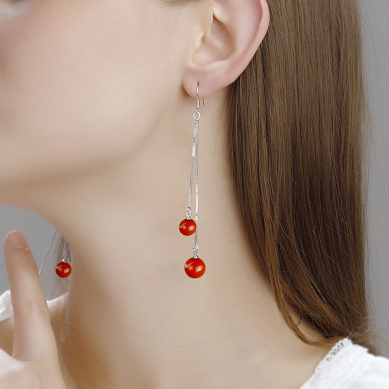 新品纯银耳环坠钉女长款流苏大红色贝珍珠耳钉结婚饰品无耳洞耳夹