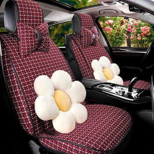 汽车坐垫四季 通用座椅套全包围可爱花朵座垫亚麻布艺防滑座套夏季