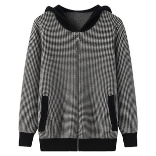 阿绒源双提加厚羊绒连帽女开衫黑色千鸟格拉链带兜宽松学院风毛衣