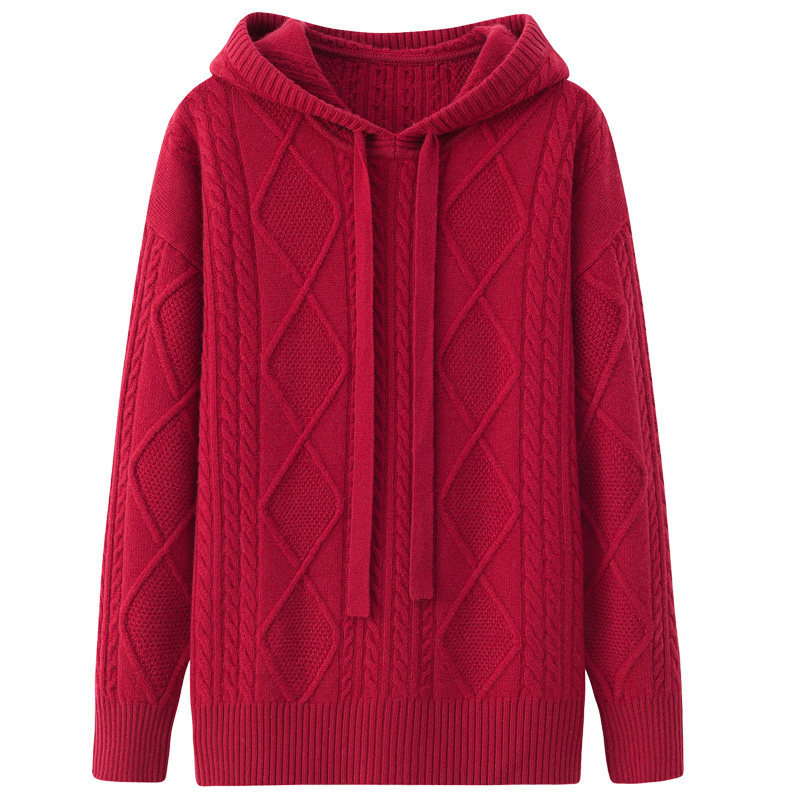 100山羊绒连帽女套新品7针加厚双股菱格卫衣宽松学院风户外毛衣