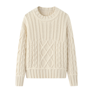 阿绒源100羊绒手编绞花女套衫 宽松针织休闲毛衣厚 圆领菱形格短款