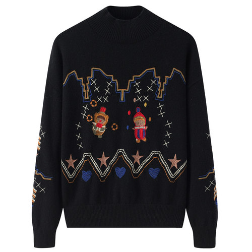 阿绒源半高领宽松山羊绒刺绣女套