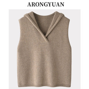 阿绒源100羊绒带帽马甲双股短款 外搭宽松显瘦减龄套头坎肩 女背心