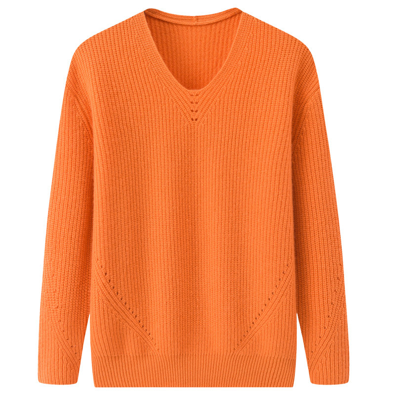 阿绒源100山羊绒元宝针女套衫新品v领加厚双股网眼针织衫宽松毛衣