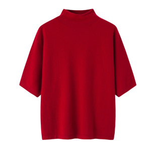 100山羊绒女套半袖自带半高领红色蝙蝠袖 针织宽松休闲贴身穿短袖