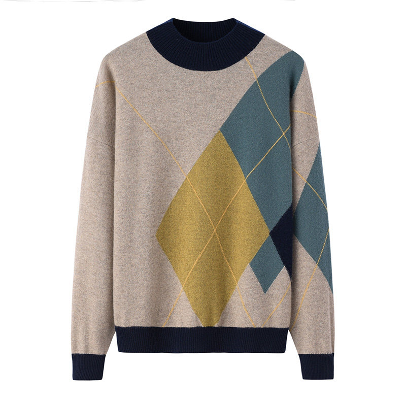 阿绒源山羊绒嵌花配色女套衫半高领菱形格针织羊毛衫宽松休闲毛衣