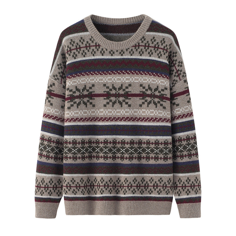 阿绒源100%山羊绒女套衫鄂尔多斯市产圆领配色针织衫宽松休闲毛衣